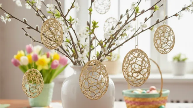 Golden eggs crafted from hot glue adorn an Easter bush