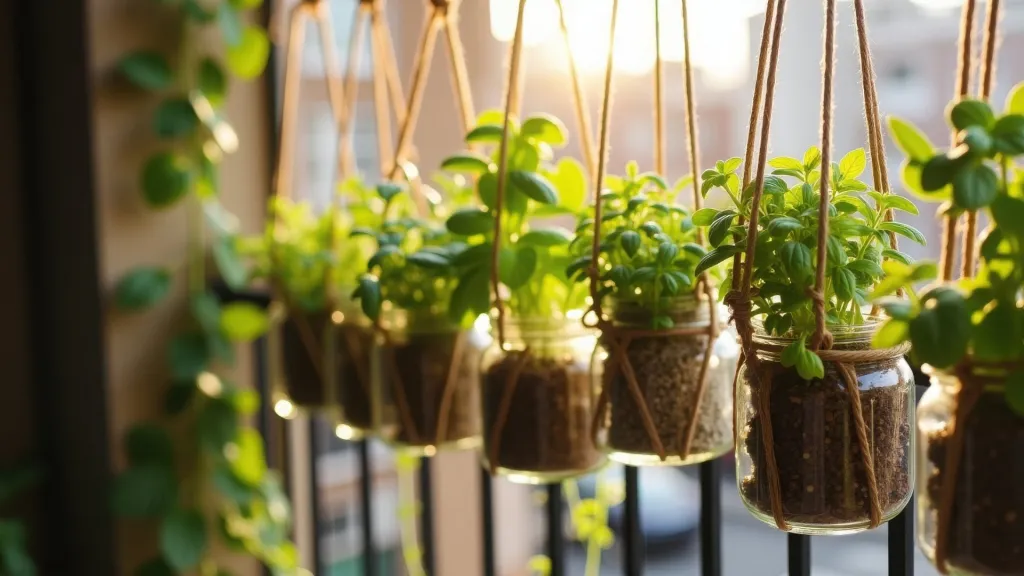Hanging herb garden on the balcony made from old jars.