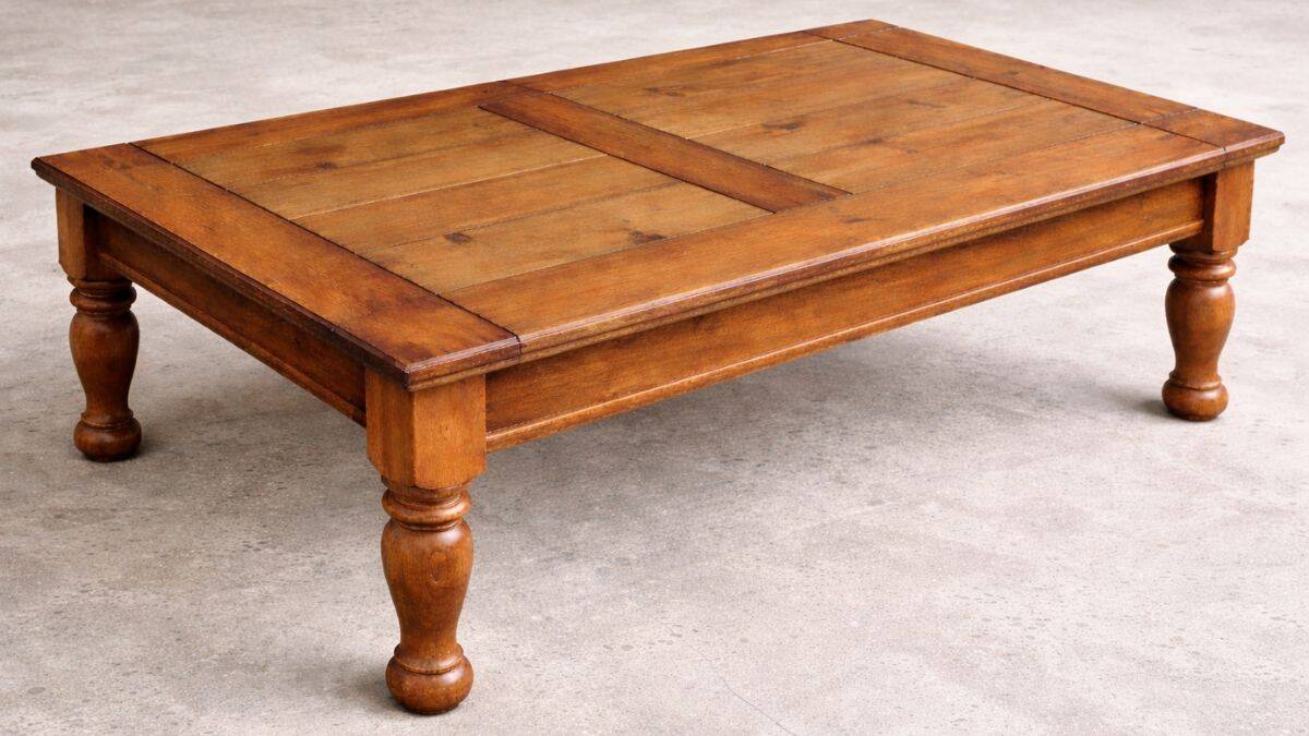 Rectangular wooden coffee table featuring a paneled plank-style top and turned legs, displayed in its original unfinished or worn state prior to refinishing.
