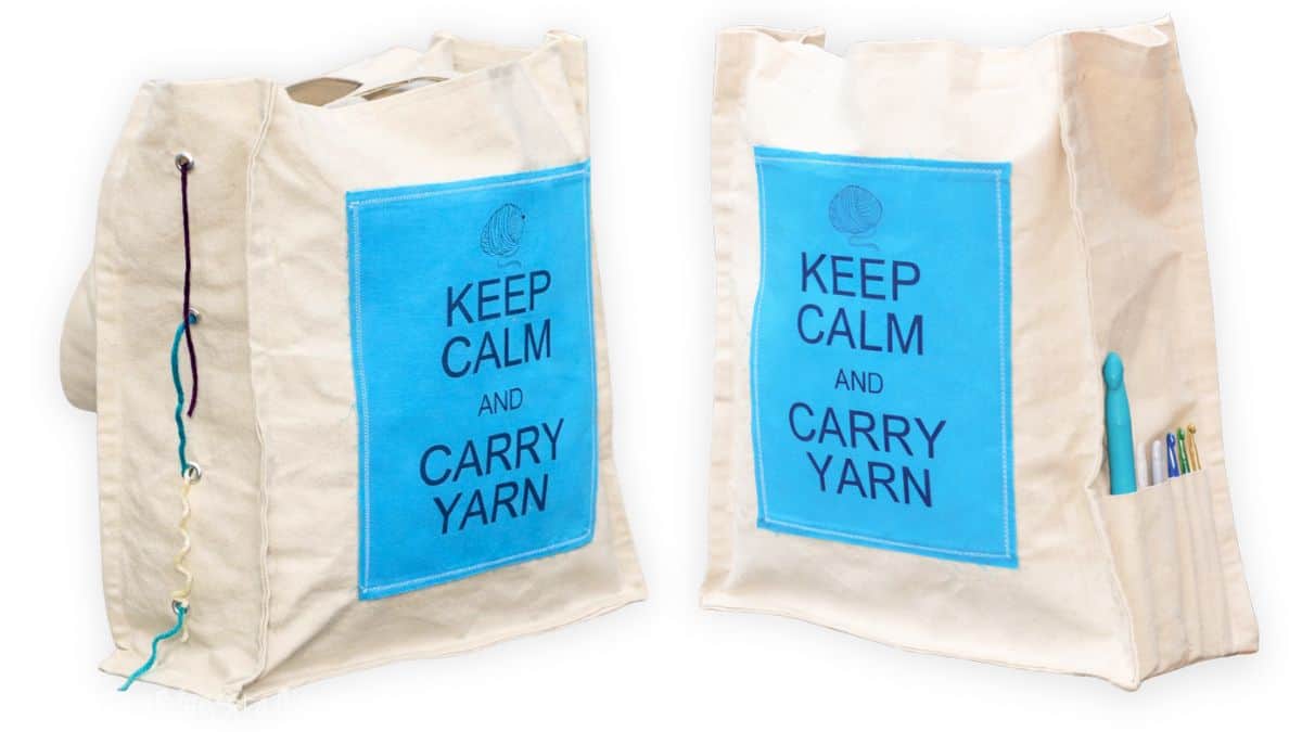 Canvas crochet bag featuring a blue panel stating Keep Calm and Carry Yarn, displayed with yarn thread, crochet tools, and pockets for materials.