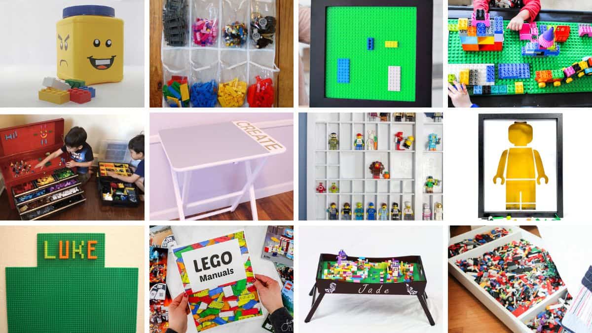 Collage of inventive LEGO storage and play concepts, featuring DIY tables, wall displays, sorting organizers, trays, and repurposed containers for kids' LEGO collections.