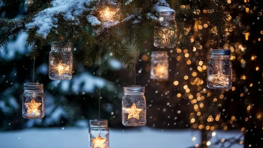 Illuminated jars in the winter garden