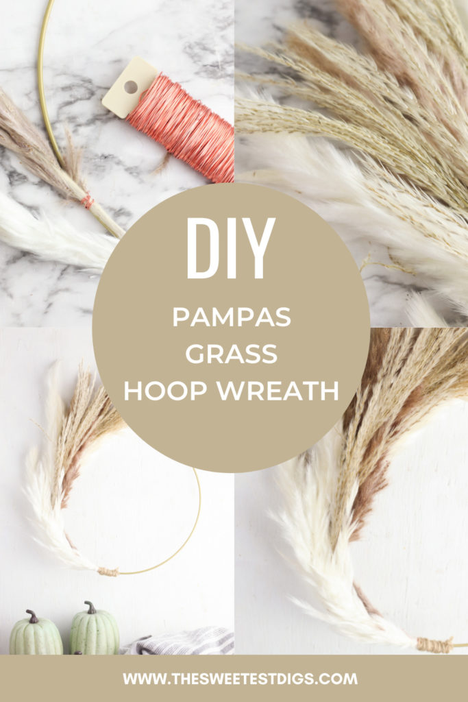 Collage depicting the process of making a pampas grass hoop wreath.
