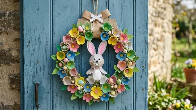 Easter bunny wreath crafted from egg cartons