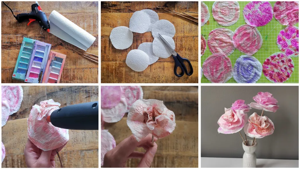 Illustrated step-by-step guide for crafting paper roses from kitchen paper