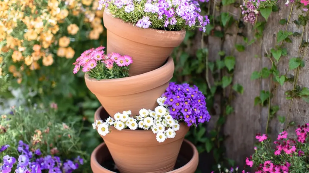 A DIY flowerpot tower adorned with blooms stands on a balcony.