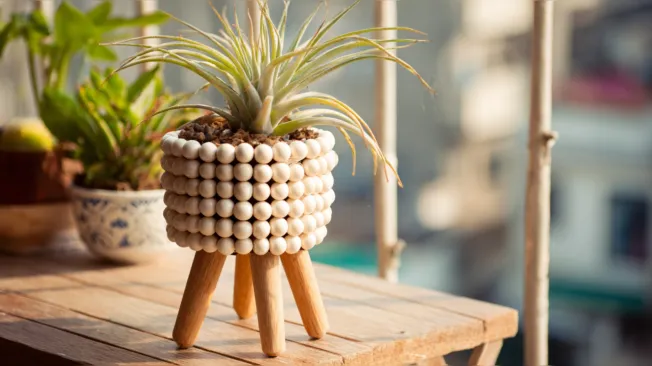A planter crafted from wooden spheres with standing feet rests on a balcony table