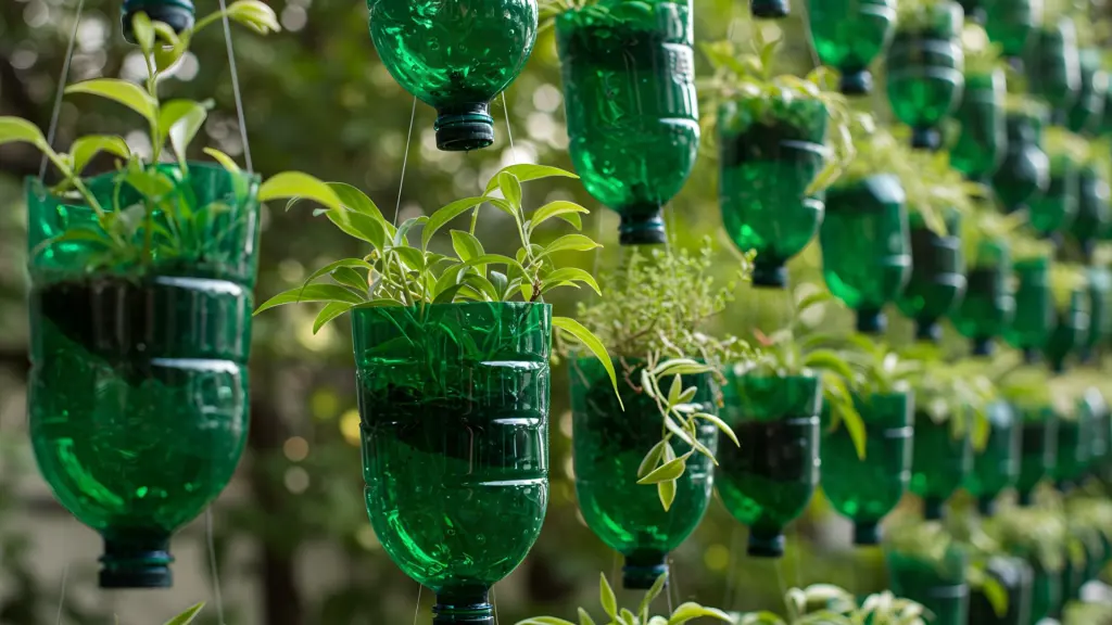 Plant holders fashioned from plastic bottles on a balcony.