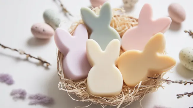 Adorable Easter bunny soap in various colors in an Easter basket.