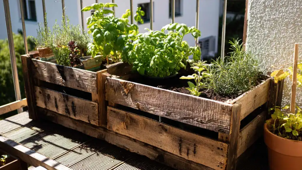 Wine crates as raised beds on a balcony.
