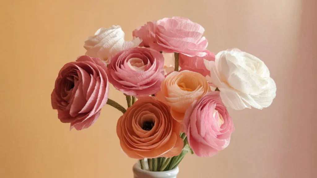 Decorative paper ranunculus flowers in a vase