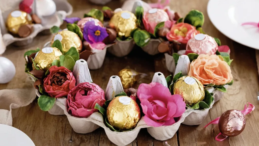 a decorative table wreath made of egg cartons, decorated with flowers and golden chocolate balls