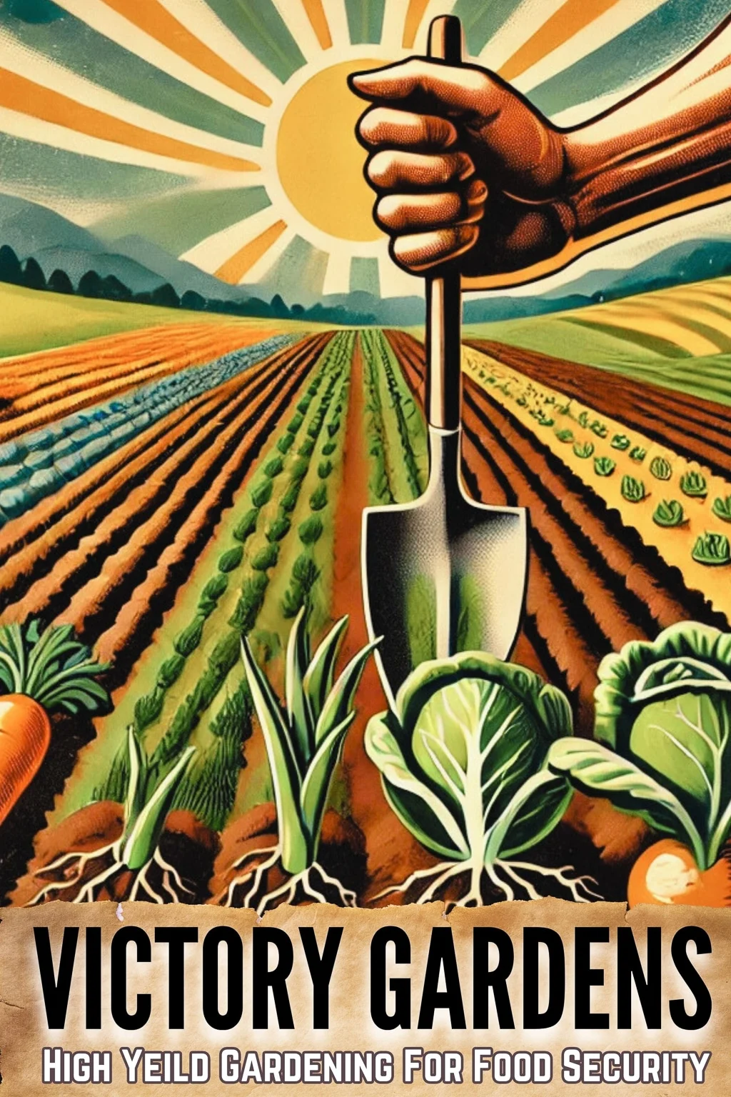 An infographic styled in a wartime 40's theme depicting a victory row garden with a radiating sun in the backdrop.