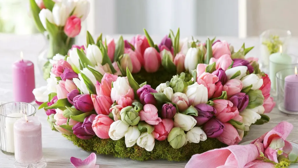 A vibrant wreath of tulips is placed on a table. The backdrop features candles and additional tulips in a vase.
