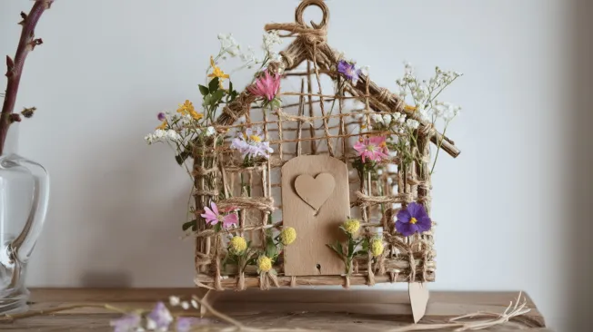 Weaving a house from branches and flowers, adorable elf house made from natural ingredients