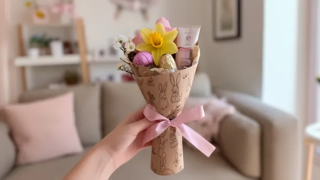 Wrapping Easter gifts as a bouquet with a pink ribbon and daffodils, held by a hand, in a living room setting