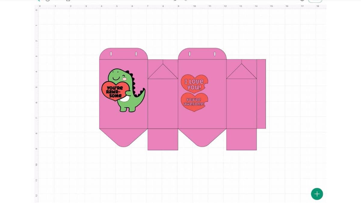 Cricut Design Space canvas depicting a dinosaur Valentine treat bag layout featuring cut-and-fold sections and heart messages prepared for cutting.